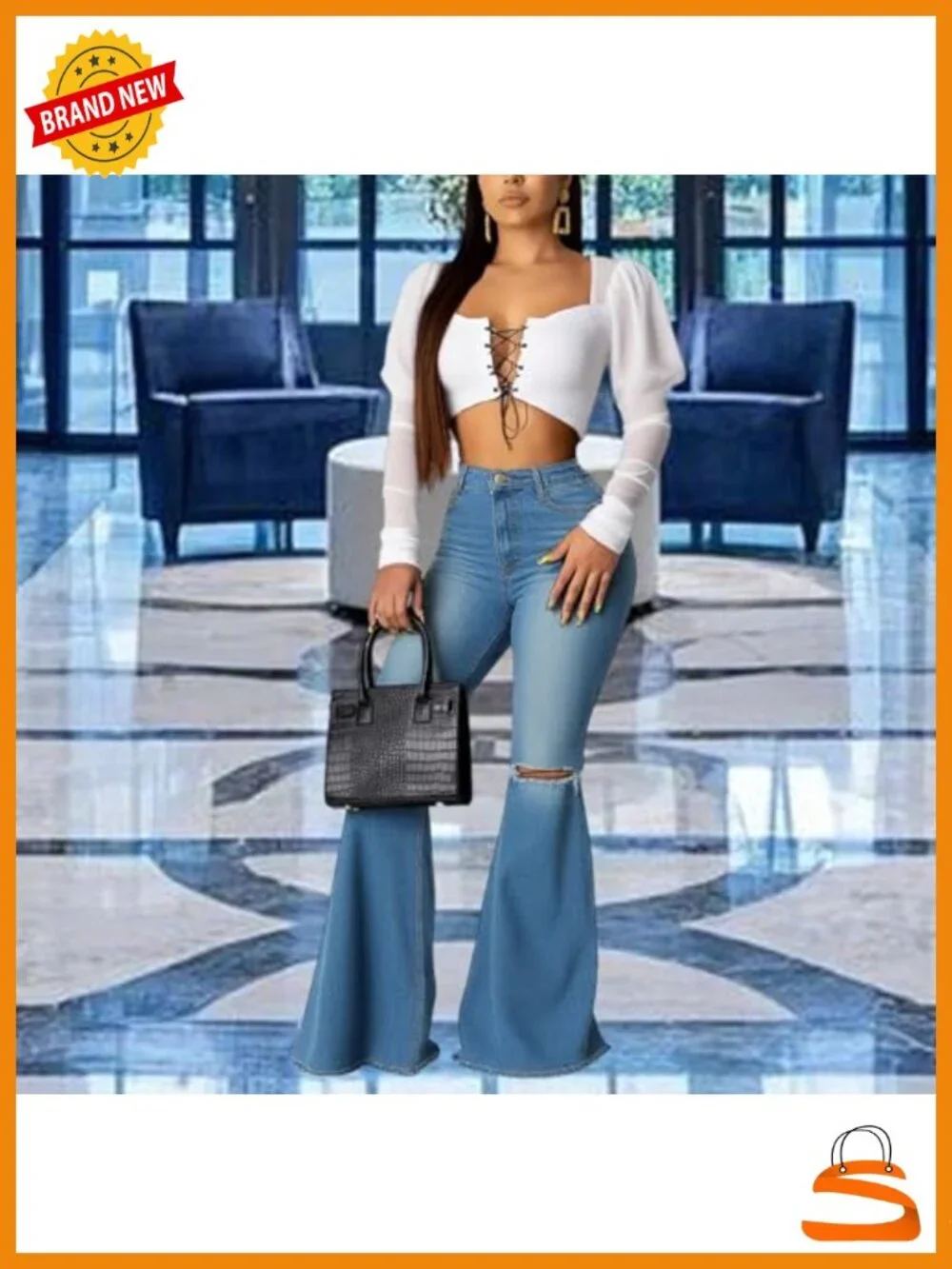 Bell Bottom Jeans Women High Waisted Elastic Raw Hem Denim Flare Pants Vintage